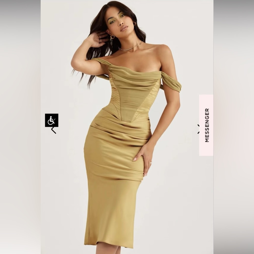 NWT House of cb Natalya Olive Green Satin Corset Midi Dress